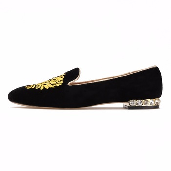 Beautiful Lady Velvet Slip On Shoes With Embroidery Gold Flowers .