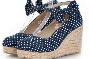 Fashion Polka Dot Canvas Wedge Shoes For Women Sweet Bow Straw .