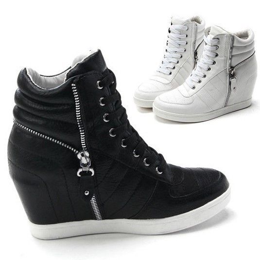 Womens Black White Zippers High Top Hidden Wedge Sneakers Ankle .