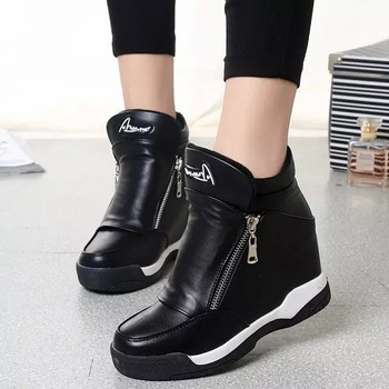 Fashion Black Leather Hidden Wedge Sneakers High Heel Women Shoes .