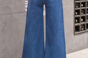 Women's New Trendy Button-Fly Tied Waist Blue Wide-Leg Jeans .