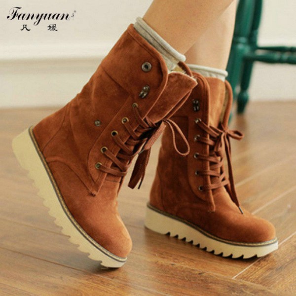 Hot European Style Winter Boots Flock Lace Up With Button Flat .