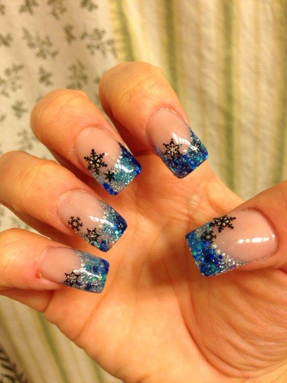 Winter, Holiday French Manicure Nail Art with Blue Glitter tips .
