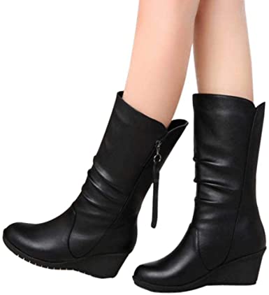 Amazon.com: Gyoume Mid-Calf Boot Shoes Winter,Women Black Boots .