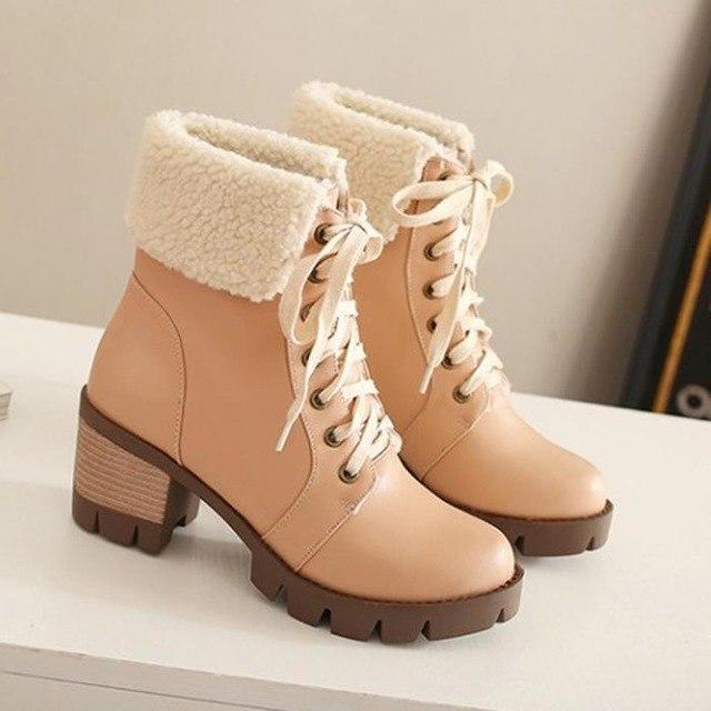 Women's Shoes - Winter Cotton Lined Lace-up Leather Snow Boots .