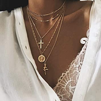 Amazon.com: Fstrend Holy Layered Cross Necklace Gold Choker Coin .
