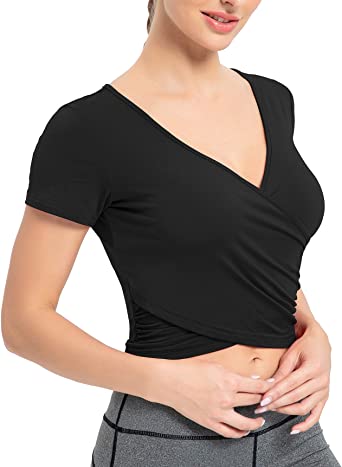 Qaffier Women's Modal Crop Tops Deep V Neck Short Sleeve Sexy Slim .