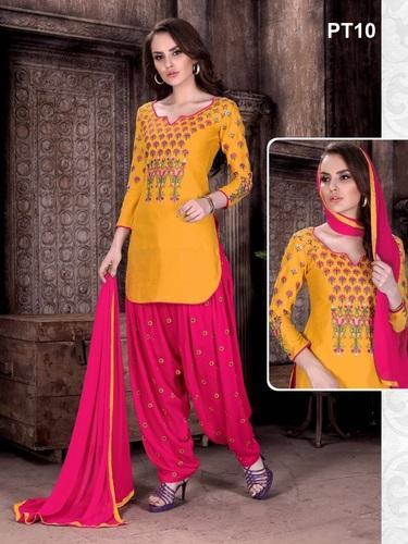 Skyblue Fashion Cotton Yellow and Pink Patiyala Salwar Suit, Rs .